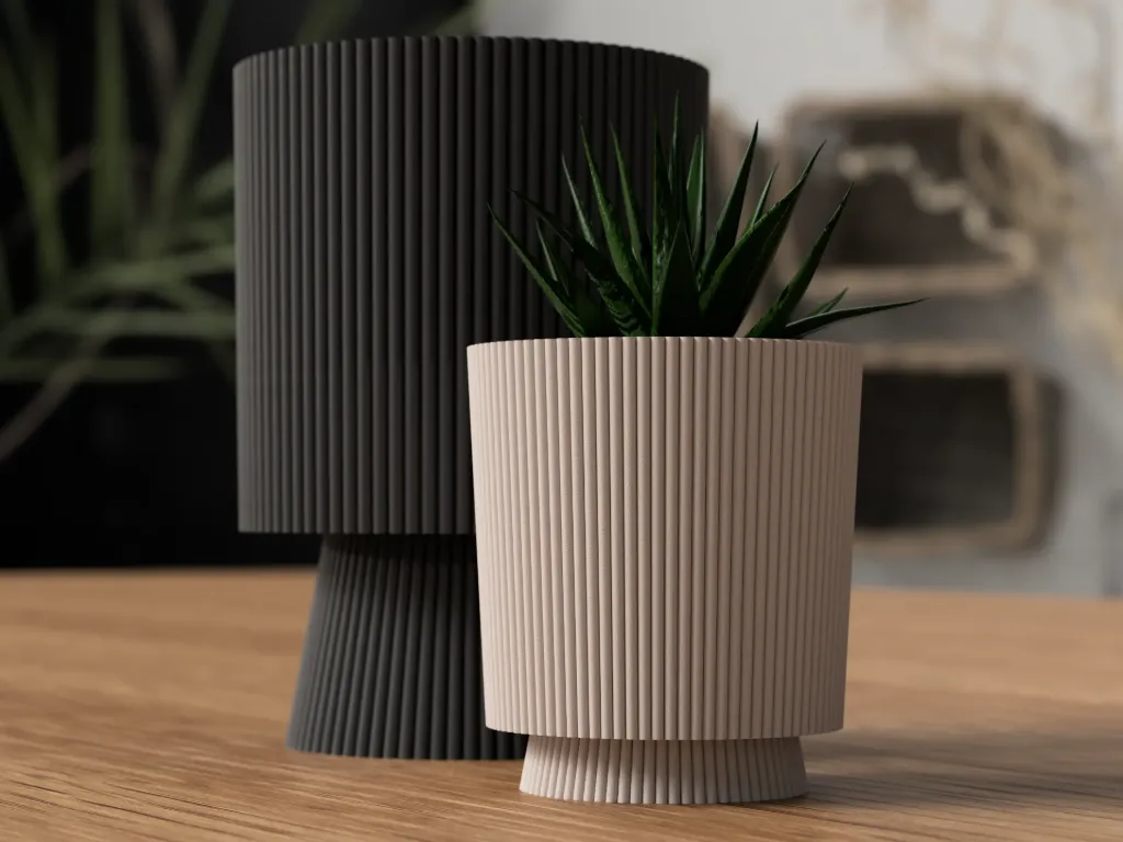 Modern Ribbed Planter With Drip Container (Beige & Black)