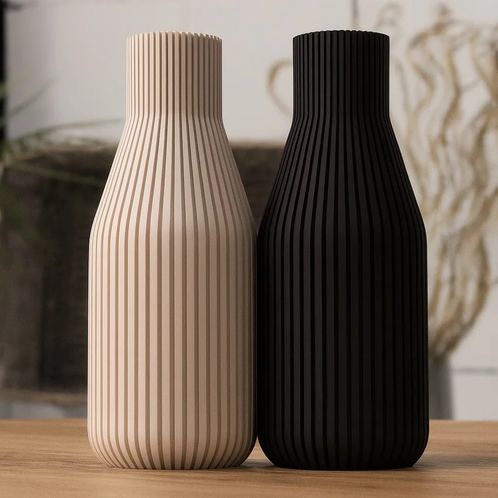 Modern Minimal Ribbed Decorative Vase (Beige & Black)